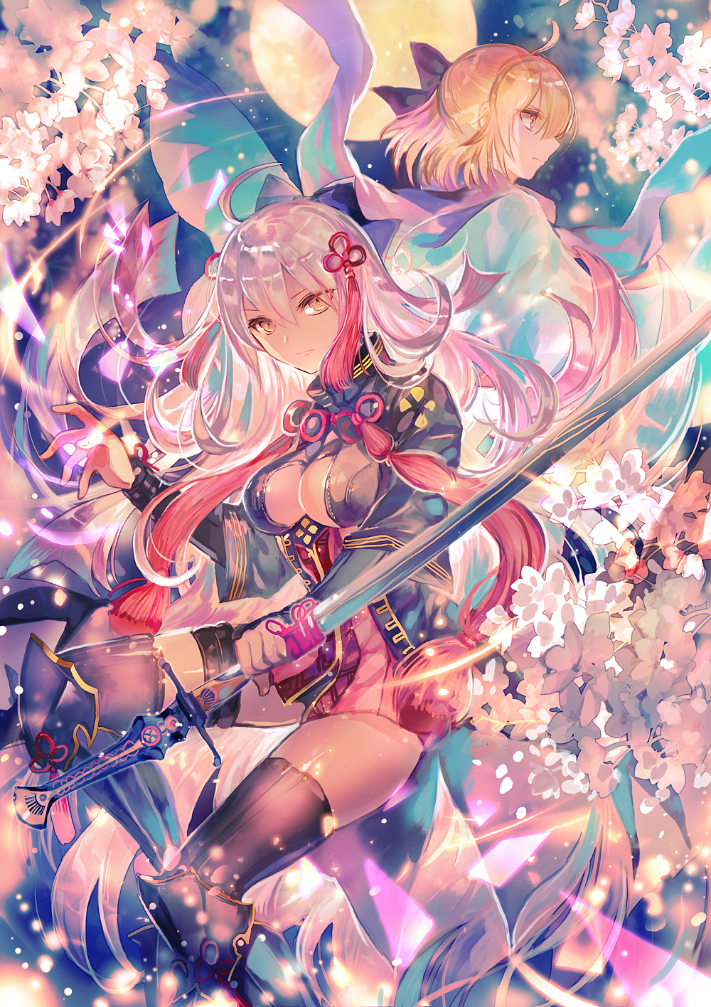 2girls ahoge bangs black_bow black_legwear blonde_hair boots bow breasts cherry_blossoms closed_mouth commentary_request dual_persona fate/grand_order fate_(series) full_moon hair_bow hair_ornament haori highres holding holding_sword holding_weapon japanese_clothes katana large_breasts long_sleeves looking_at_viewer moon multiple_girls okita_souji_(alter)_(fate) okita_souji_(fate) okita_souji_(fate)_(all) orange_eyes pink_hair rioka_(southern_blue_sky) short_hair sword thigh-highs weapon