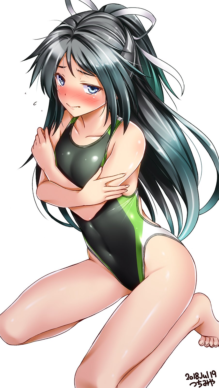1girl artist_name black_hair blue_eyes blush collarbone competition_swimsuit covering covering_breasts embarrassed eyebrows_visible_through_hair flat_chest green_swimsuit hair_ribbon high_ponytail highres kantai_collection katsuragi_(kantai_collection) long_hair looking_at_viewer one-piece_swimsuit ponytail ribbon simple_background sitting solo swimsuit tears tsuchimiya wariza wavy_mouth white_background
