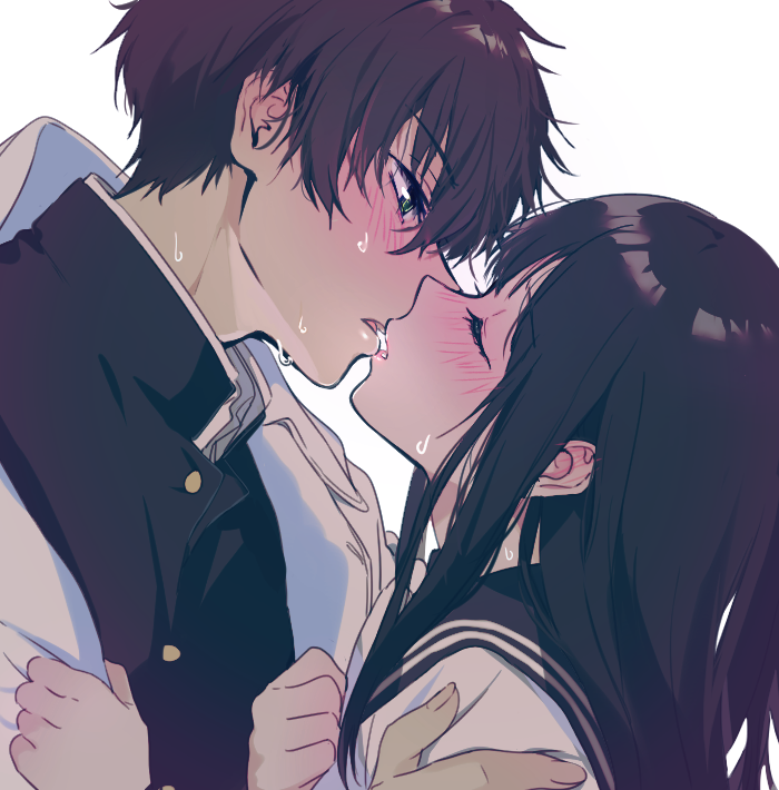 1boy 1girl black_hair black_sailor_collar blush chitanda_eru closed_eyes couple eye_contact gakuran green_eyes hetero hyouka imminent_kiss kiss long_hair looking_at_another mery_(apfl0515) oreki_houtarou sailor_collar school_uniform serafuku simple_background sweat upper_body white_background