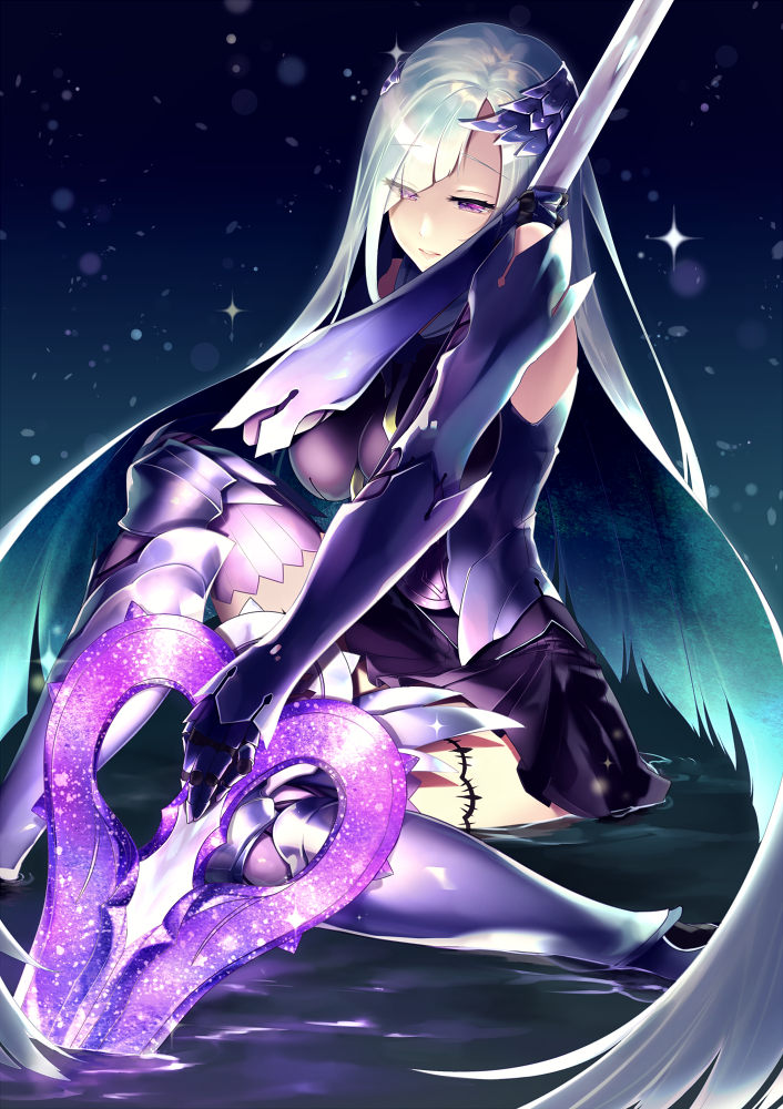 1girl blue_background brynhildr_(fate) brynhildr_romantia fate/grand_order fate/prototype fate/prototype:_fragments_of_blue_and_silver fate_(series) gloves holding holding_spear holding_weapon koruta_(nekoimo) long_hair polearm purple_legwear purple_skirt silver_hair sitting skirt solo spear thigh-highs violet_eyes weapon