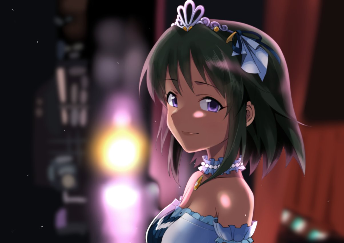 1girl backstage bangs bare_shoulders black_hair blurry blurry_background choker dress eyebrows_visible_through_hair face frilled_choker frills idol idolmaster idolmaster_cinderella_girls idolmaster_cinderella_girls_starlight_stage jewelry lips looking_at_viewer natalia_(idolmaster) pendant solo stage_curtains stage_lights starry_sky_bright tiara upper_body violet_eyes white_dress youhei_(testament)
