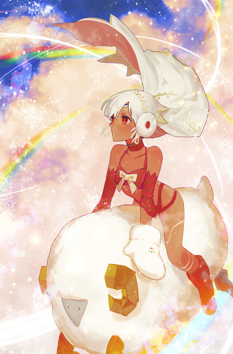 1girl altera_(fate) altera_the_santa amanohana bangs bare_shoulders boots bow bright_pupils choker clouds collarbone dark_skin detached_sleeves earmuffs fate/grand_order fate_(series) long_hair parted_lips rainbow red_choker red_eyes red_footwear riding sheep sleeves_past_elbows solo veil white_bow white_hair white_pupils