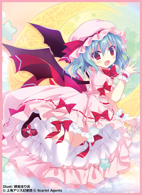 1girl :d artist_name bangs bat_wings black_wings blue_hair blush bow brown_footwear crescent_moon dress eyebrows_visible_through_hair hair_between_eyes hat head_tilt long_hair looking_at_viewer looking_to_the_side mob_cap moon open_mouth pink_dress pink_hat puffy_short_sleeves puffy_sleeves red_bow red_eyes remilia_scarlet shiwasu_horio shoes short_sleeves smile solo star thigh-highs touhou watermark white_legwear wings