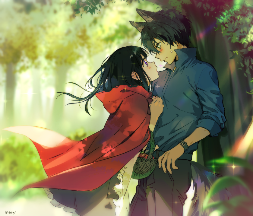 1boy 1girl animal_ears basket big_bad_wolf big_bad_wolf_(cosplay) black_hari blue_shirt blush chitanda_eru cloak cosplay eye_contact green_eyes hood hooded_cloak hyouka little_red_riding_hood little_red_riding_hood_(grimm) little_red_riding_hood_(grimm)_(cosplay) long_hair long_shirt looking_at_another mery_(apfl0515) oreki_houtarou popped_collar profile shirt sleeves_rolled_up sweatdrop tree violet_eyes watch watch wolf_ears