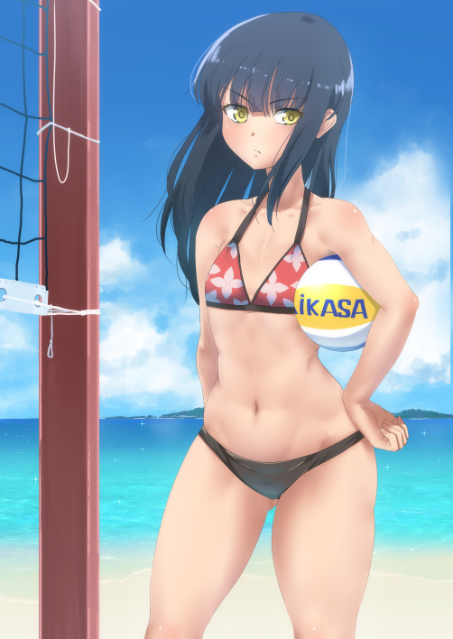 1girl bare_shoulders beach bikini black_hair blush clouds commentary_request dangorou_(yushi-art) day flat_chest floral_print hand_on_hip harukana_receive horizon long_hair looking_at_viewer navel outdoors sand sky solo swimsuit tooi_narumi volleyball volleyball_net yellow_eyes