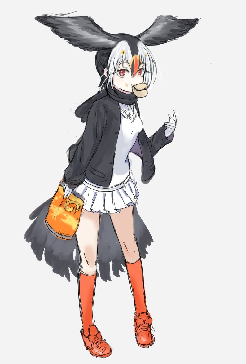 1girl atlantic_puffin_(kemono_friends) bird_tail bird_wings black_hair blonde_hair chips dnsdltkfkd food food_on_face gloves head_wings jacket japari_chips japari_symbol kemono_friends kneehighs long_sleeves multicolored_hair necktie pleated_skirt pringle_duck redhead scarf short_hair skirt solo sweater white_hair wings