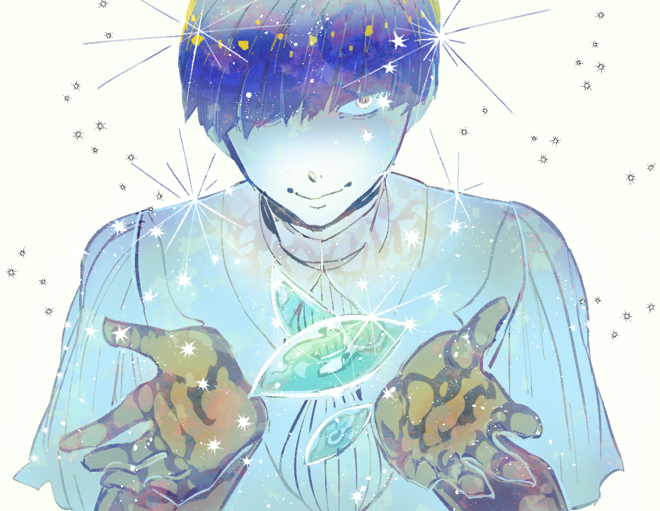 1other androgynous bangs blue_hair blunt_bangs crystal gem golden_arms hair_over_one_eye houseki_no_kuni looking_at_viewer necktie phosphophyllite phosphophyllite_(ll) short_hair smile solo sparkle spoilers upper_body white_eyes