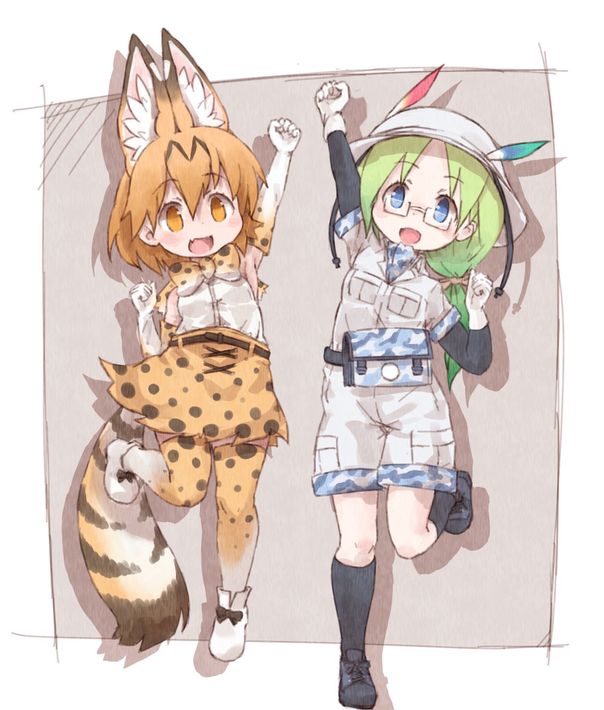 2girls animal_ears bare_shoulders belt boots bucket_hat camouflage_trim commentary_request elbow_gloves eyebrows_visible_through_hair fanny_pack feathers glasses gloves green_hair hair_tie hat high-waist_skirt highres kemono_friends khakis kneehighs kolshica long_hair mirai_(kemono_friends) multicolored_hair multiple_girls serval_(kemono_friends) serval_ears serval_print serval_tail shoes short_sleeves shorts skirt sleeveless sneakers standing standing_on_one_leg tail thigh-highs