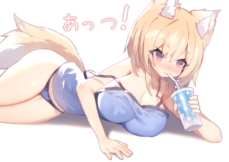 1girl al_bhed_eyes animal_ears arm_support bare_arms bare_legs bare_shoulders blue_panties blush bra_strap breasts check_commentary cleavage commentary commentary_request drink drinking drinking_straw eyebrows eyebrows_visible_through_hair fox_ears fox_tail frilled_panties frills hair_between_eyes hips large_breasts lying mamuru off_shoulder on_side original panties red_eyes short_eyebrows short_hair simple_background soda solo sweat tail tank_top thighs underwear white_background