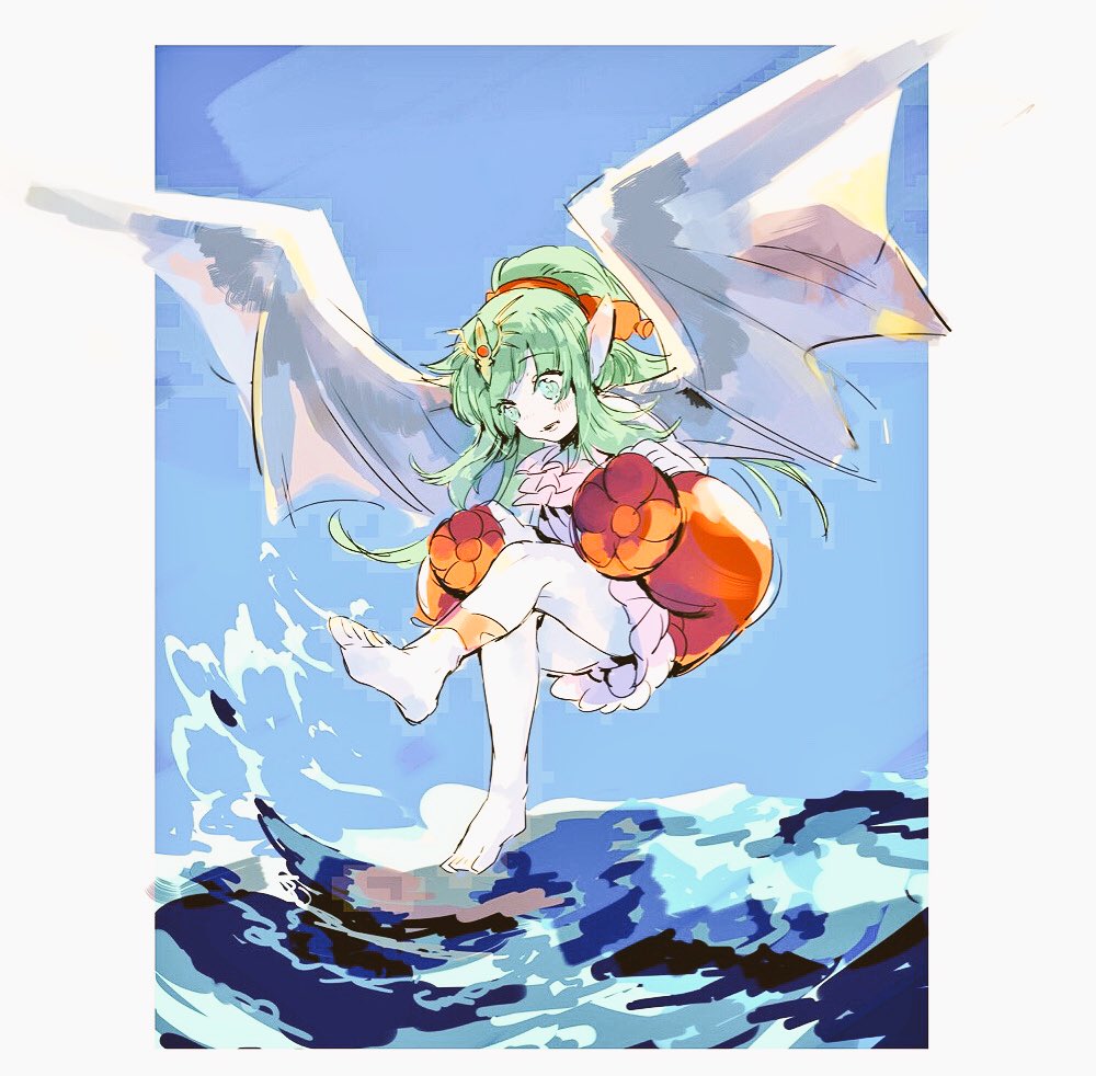 1girl blue_sky chiki dragon_wings fire_emblem fire_emblem:_rekka_no_ken fire_emblem_heroes green_eyes green_hair hair_ribbon long_hair mamkute nonomori_(anst_nono) ponytail red_ribbon ribbon sky solo swimsuit tiara water wings