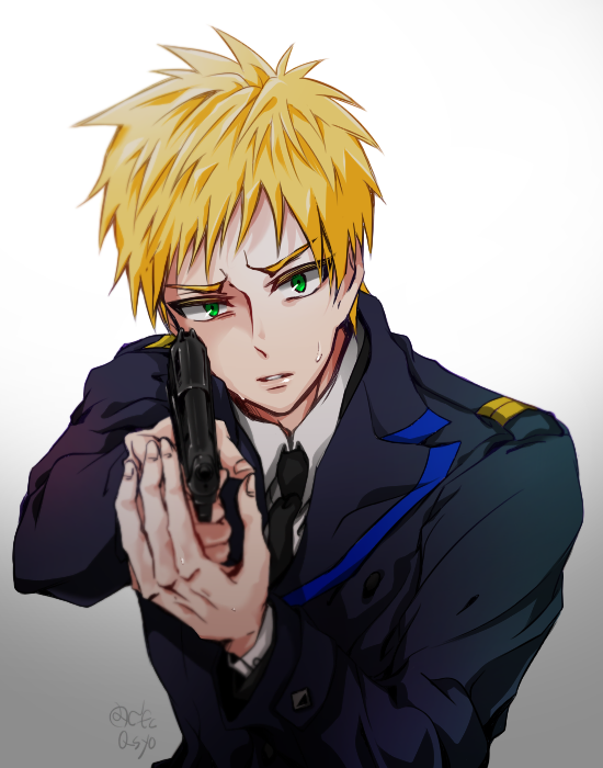 1boy blonde_hair green_eyes gun higyaku_no_noel holding holding_gun holding_weapon oscar_dressel police police_uniform short_hair uniform weapon younger