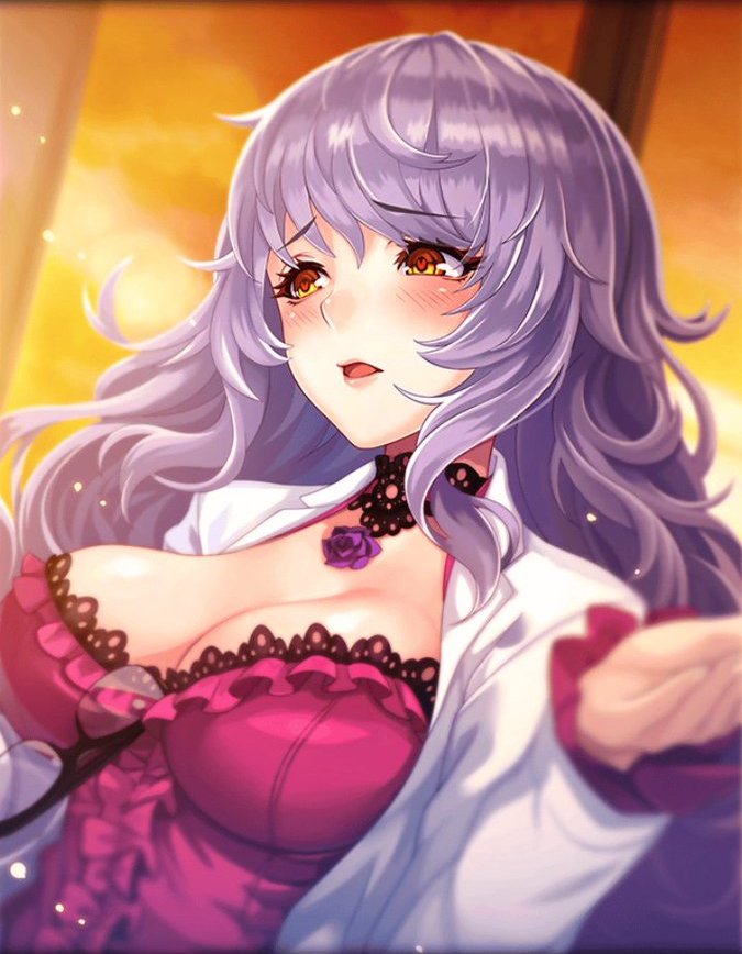 1girl artist_request bangs breasts bustier choker eyebrows_visible_through_hair harpe_(phantom_of_the_kill) heart heart-shaped_pupils labcoat large_breasts lavender_hair long_hair official_art open_mouth phantom_of_the_kill symbol-shaped_pupils yellow_eyes