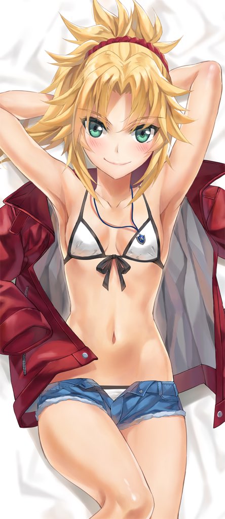 1girl armpits arms_up bikini bikini_under_clothes blonde_hair blush breasts cutoffs denim denim_shorts eyebrows_visible_through_hair fate/grand_order fate_(series) front-tie_bikini front-tie_top green_eyes jacket jacket_removed jewelry looking_at_viewer mordred_(fate)_(all) navel necklace open_pants pendant ponytail short_shorts shorts sidelocks small_breasts smile solo swimsuit tonee white_bikini