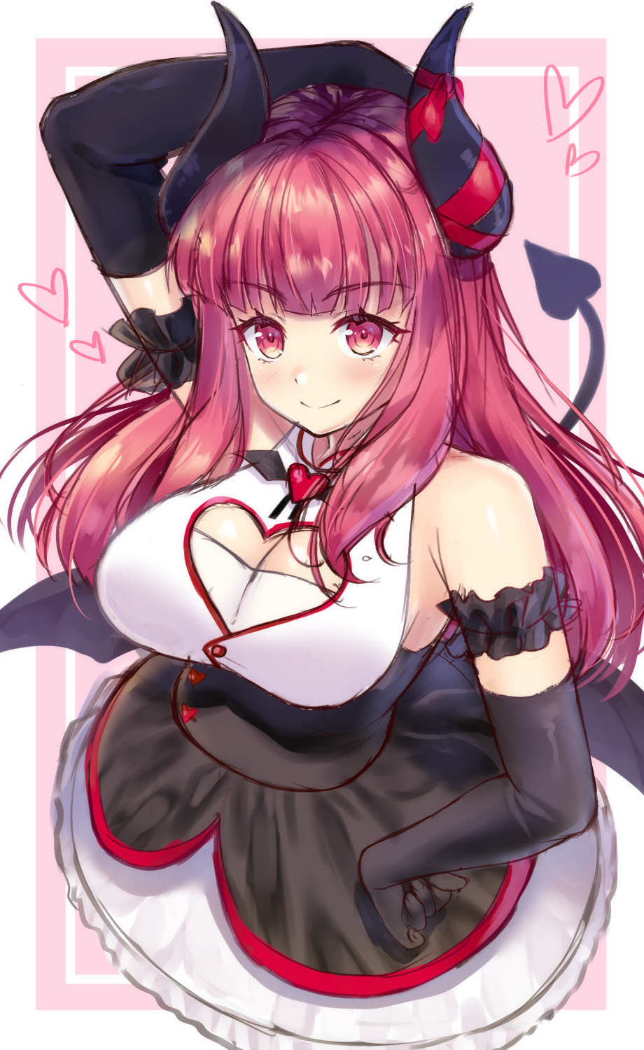 1girl arm_up bare_shoulders black_gloves black_skirt black_wings blush breasts cleavage cleavage_cutout closed_mouth commentary_request curled_horns demon_girl demon_horns demon_tail demon_wings elbow_gloves eve.ch eve_valerne fingernails gloves heart heart_cutout high-waist_skirt highres honami_(yths4221) horn_ribbon horns large_breasts long_hair red_eyes red_ribbon redhead ribbon shirt skirt sleeveless sleeveless_shirt smile solo succubus tail very_long_hair virtual_youtuber white_shirt wings