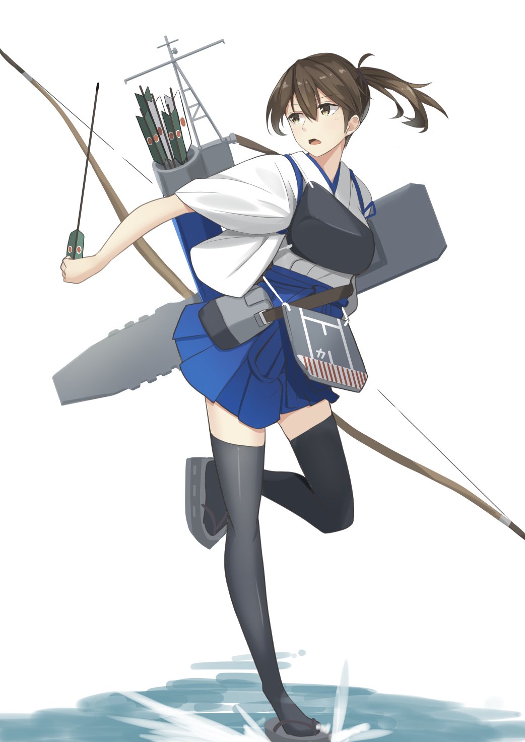 1girl arrow black_hair black_legwear bow_(weapon) brown_eyes flight_deck full_body hakama hakama_skirt highres japanese_clothes kaga_(kantai_collection) kantai_collection long_hair looking_to_the_side machinery mast muneate negahami quiver side_ponytail simple_background solo tasuki thigh-highs water weapon white_background yumi_(bow)