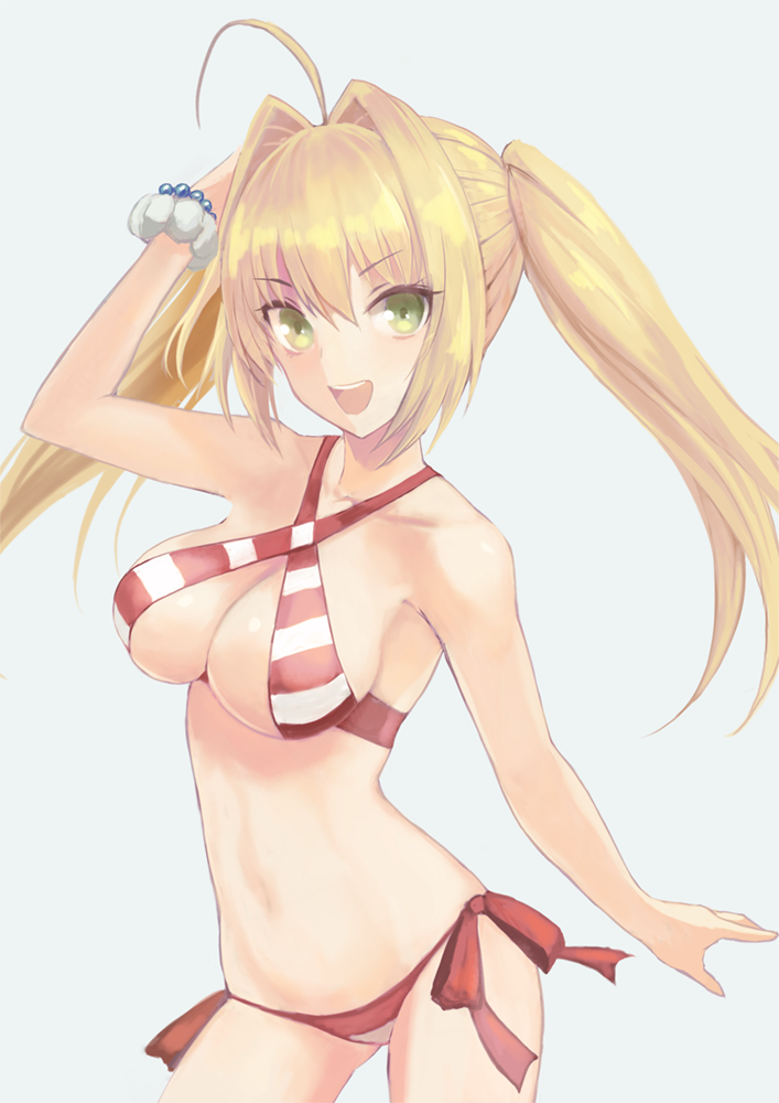 1girl :d ahoge arm_up bangs bare_arms bare_shoulders bikini blonde_hair bracelet breasts collarbone cowboy_shot criss-cross_halter eyebrows_visible_through_hair fate/grand_order fate_(series) green_eyes groin hair_between_eyes hair_intakes halterneck horizontal_stripes jewelry kotanu_(kotanukiya) legs_apart long_hair looking_at_viewer medium_breasts navel nero_claudius_(fate)_(all) nero_claudius_(swimsuit_caster)_(fate) open_mouth scrunchie side-tie_bikini smile solo stomach striped striped_bikini swimsuit twintails white_scrunchie wrist_scrunchie