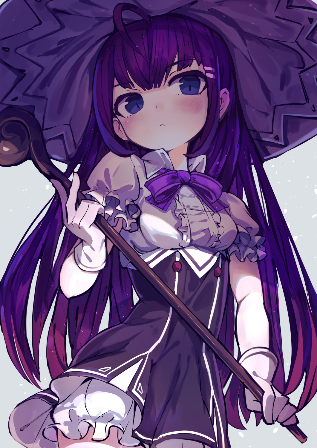 1girl ahoge black_skirt blue_eyes blush bow bowtie breasts closed_mouth commentary_request eyebrows_visible_through_hair gatakigi_gama gloves grey_background hair_ornament hairclip hat high-waist_skirt highres holding long_hair looking_at_viewer original puffy_short_sleeves puffy_sleeves purple_hair purple_neckwear short_sleeves simple_background skirt small_breasts solo staff upper_body white_gloves witch_hat