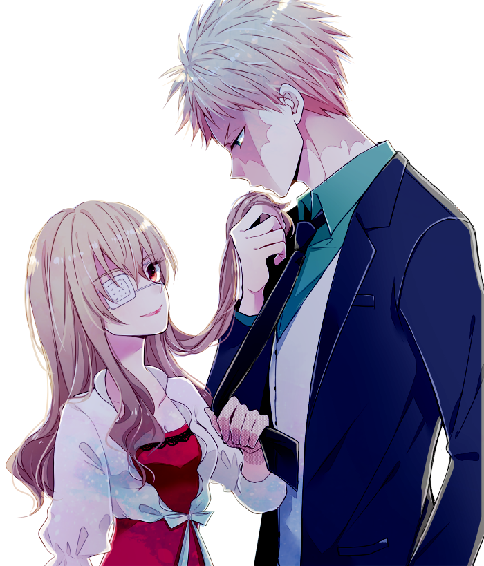 1boy 1girl bangs blonde_hair burn_scar choker dress eyepatch formal fugo_dressel green_eyes higyaku_no_noel jacket long_hair long_sleeves medical_eyepatch necktie noel_cerquetti red_eyes scar scar_across_eye short_hair suit vest