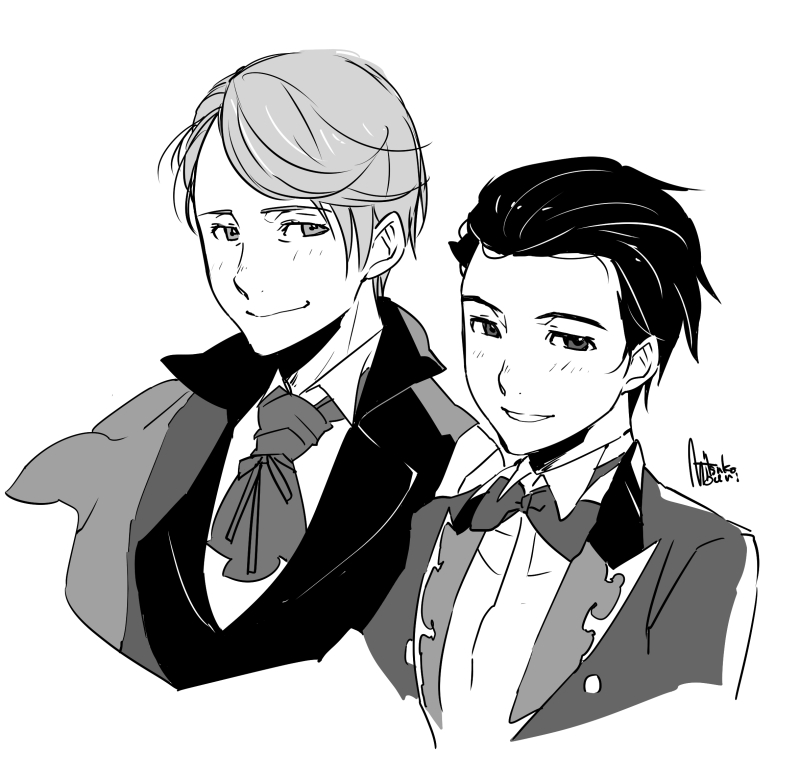 2boys bow bowtie collared_shirt formal greyscale hair_slicked_back katsuki_yuuri male_focus monochrome mouri multiple_boys shirt smile suit upper_body viktor_nikiforov yuri!!!_on_ice