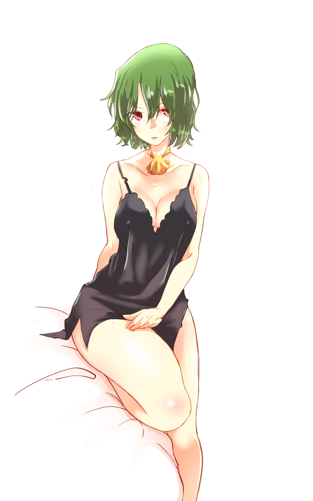 1girl ascot breasts chemise cleavage collarbone erect_nipples green_hair hand_on_thigh highres kazami_yuuka lips medium_breasts non_(z-art) on_bed parted_lips red_eyes sitting thighs touhou