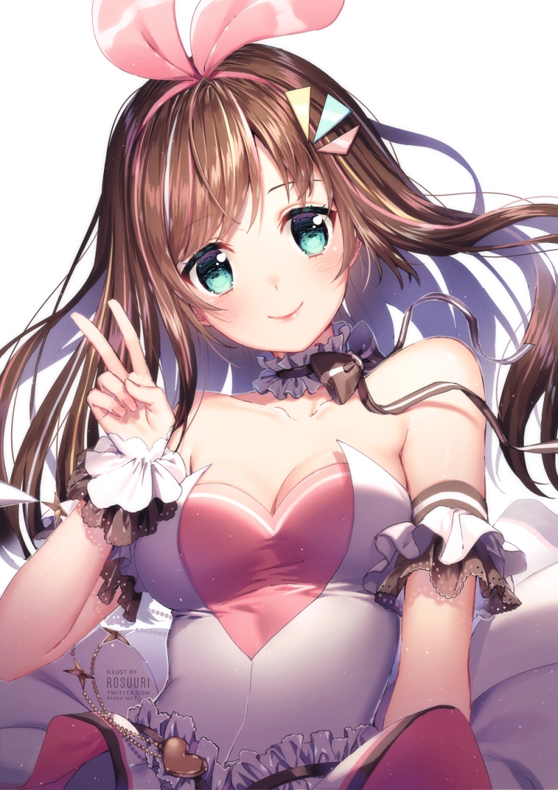 1girl a.i._channel artist_name bare_shoulders black_choker blush bow breasts brown_bow brown_hair choker cleavage closed_mouth collarbone commentary dress fingernails frilled_choker frills green_eyes hair_ornament hair_ribbon hairclip hand_up head_tilt heart kizuna_ai long_hair looking_at_viewer medium_breasts pink_ribbon ribbon rosuuri simple_background smile solo strapless strapless_dress striped striped_bow v very_long_hair virtual_youtuber watermark web_address white_background white_dress wrist_cuffs