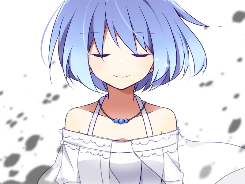 1girl bangs blue_hair closed_eyes dress gillian_littner higyaku_no_noel jewelry necklace off-shoulder_dress off_shoulder short_hair smile solo