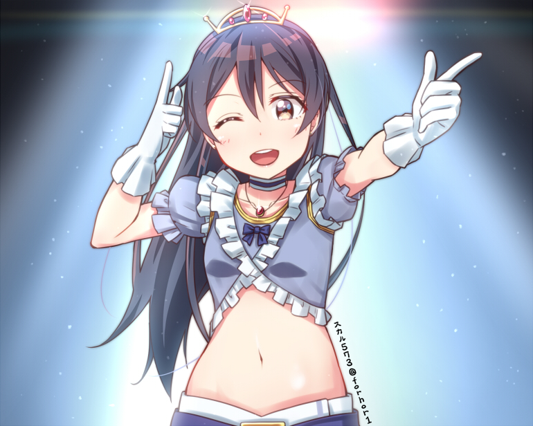1girl arms_up bangs blue_hair blush commentary_request gloves hair_between_eyes jewelry long_hair looking_at_viewer love_live! love_live!_school_idol_project midriff music_s.t.a.r.t!! navel necklace one_eye_closed open_mouth simple_background skull573 smile solo sonoda_umi tiara yellow_eyes