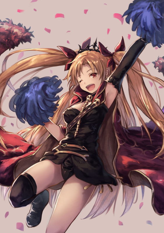 1girl ;d arm_up armpits asymmetrical_sleeves black_dress black_legwear black_leotard blonde_hair cape dress ereshkigal_(fate/grand_order) fate/grand_order fate_(series) hair_ribbon leotard long_hair looking_at_viewer one_eye_closed open_mouth ouka_(ra-raradan) pom_poms red_cape red_eyes red_ribbon ribbon single_detached_sleeve single_thighhigh smile solo thigh-highs tiara two_side_up very_long_hair