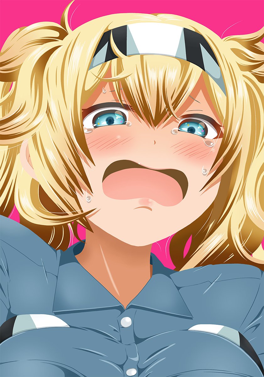 1girl blonde_hair blue_eyes blue_shirt blush breast_pocket breasts collared_shirt commentary crying crying_with_eyes_open gambier_bay_(kantai_collection) hair_between_eyes hairband highres kantai_collection large_breasts open_mouth pocket shino_(ponjiyuusu) shirt tears twintails