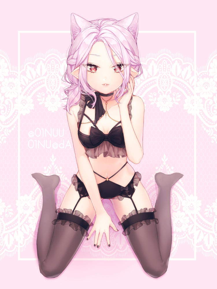 01nu 1girl animal_ears artist_name black_legwear black_nails blush breasts cat_ears collarbone deviantart_username eyebrows_visible_through_hair garter_belt jewelry looking_at_viewer medium_breasts medium_hair nail_polish navel necklace original parted_lips pink_background pink_hair pointy_ears red_eyes sitting smile solo thigh-highs twitter_username wariza