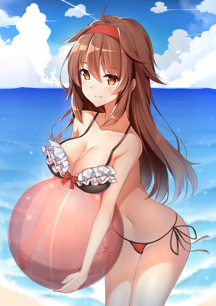 1girl ahoge ball bangs bare_arms bare_shoulders beachball bikini black_bikini_top blue_sky blush bow_bikini breast_rest breasts brown_eyes brown_hair cleavage closed_mouth clouds cloudy_sky collarbone commentary_request day eyebrows_visible_through_hair frilled_bikini_top frills groin hair_between_eyes hair_flaps hairband holding holding_ball horizon kantai_collection large_breasts long_hair looking_away mismatched_bikini navel ocean outdoors red_bikini_bottom red_hairband remodel_(kantai_collection) shiratsuyu_(kantai_collection) side-tie_bikini sky smile solo standing swimsuit transparent very_long_hair water yuxian_youka