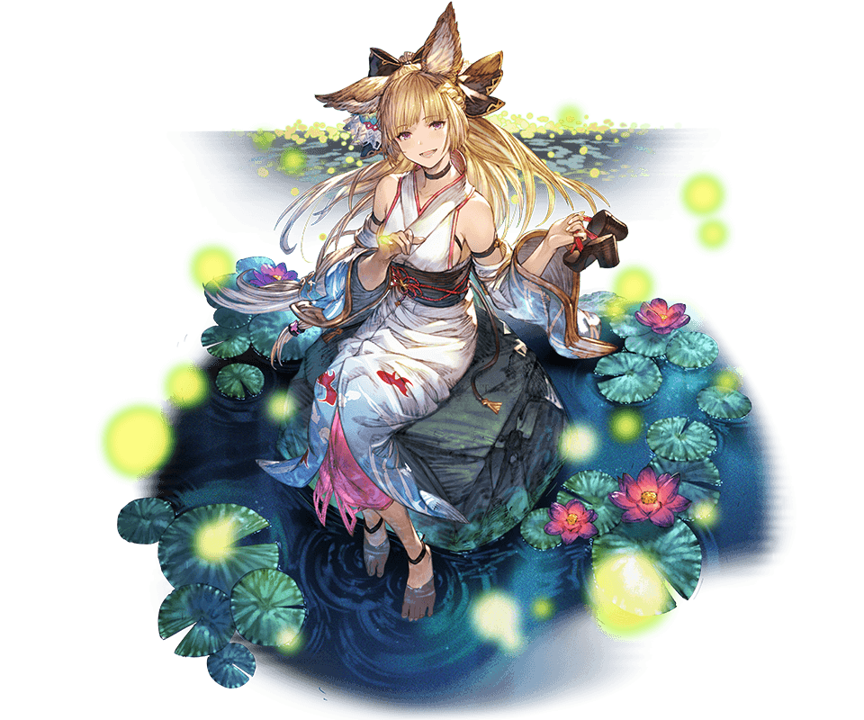 1girl animal_ears animal_print bangs bare_shoulders barefoot blonde_hair braid breasts bug collar collarbone erune eyebrows_visible_through_hair firefly fish fish_print full_body granblue_fantasy hair_ornament holding insect japanese_clothes kimono lily_pad long_hair looking_at_viewer medium_breasts minaba_hideo obi official_art open_mouth rock sandals sash sitting smile solo transparent_background violet_eyes water wide_sleeves yuisis_(granblue_fantasy)