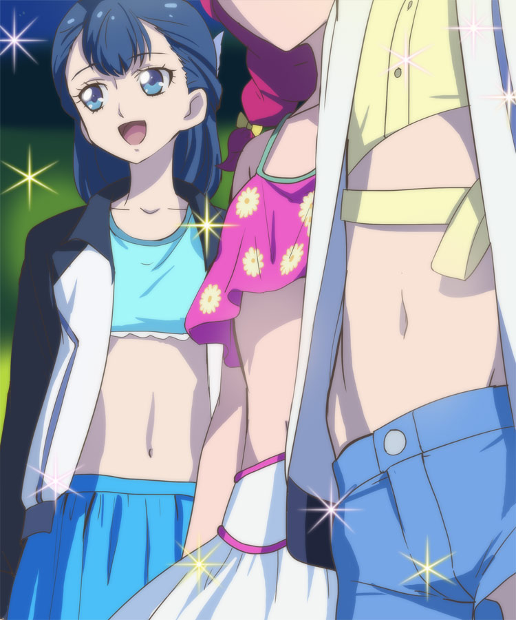 3girls :d blue_eyes blue_hair blue_shorts bow braid hair_bow haruyama_kazunori hugtto!_precure kagayaki_homare looking_to_the_side midriff multiple_girls navel nono_hana open_mouth pink_hair precure short_hair shorts smile sparkle swimsuit yakushiji_saaya yellow_bow