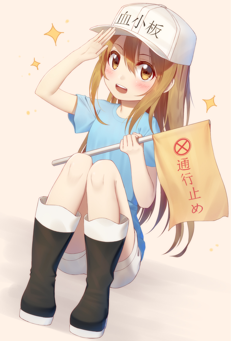 1girl :d arm_up bangs black_footwear blue_shirt blush boots brown_background brown_eyes brown_hair character_name commentary_request flag flat_cap grey_hat grey_shorts hair_between_eyes hat hataraku_saibou highres holding holding_flag ji_dao_ji knee_boots long_hair open_mouth platelet_(hataraku_saibou) round_teeth salute shirt short_shorts short_sleeves shorts simple_background sitting smile solo sparkle teeth upper_teeth very_long_hair