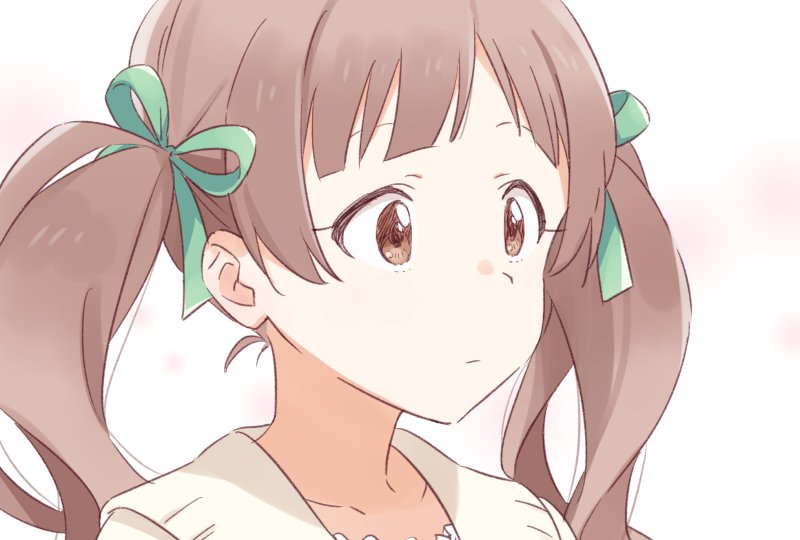 1girl brown_eyes brown_hair collarbone demirinz hair_ribbon hakozaki_serika idolmaster idolmaster_million_live! long_hair ribbon solo staring twintails