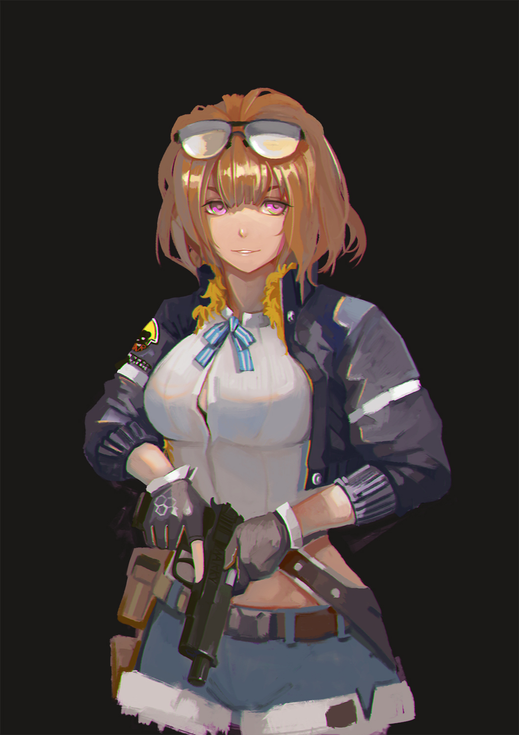 1girl breasts brown_hair cleavage eyewear_on_head girls_frontline gloves grizzly_mkv grizzly_mkv_(girls_frontline) gun handgun highres holster jacket liyang5595 medium_breasts midriff short_hair shorts solo sunglasses unbuttoned unbuttoned_shirt violet_eyes weapon