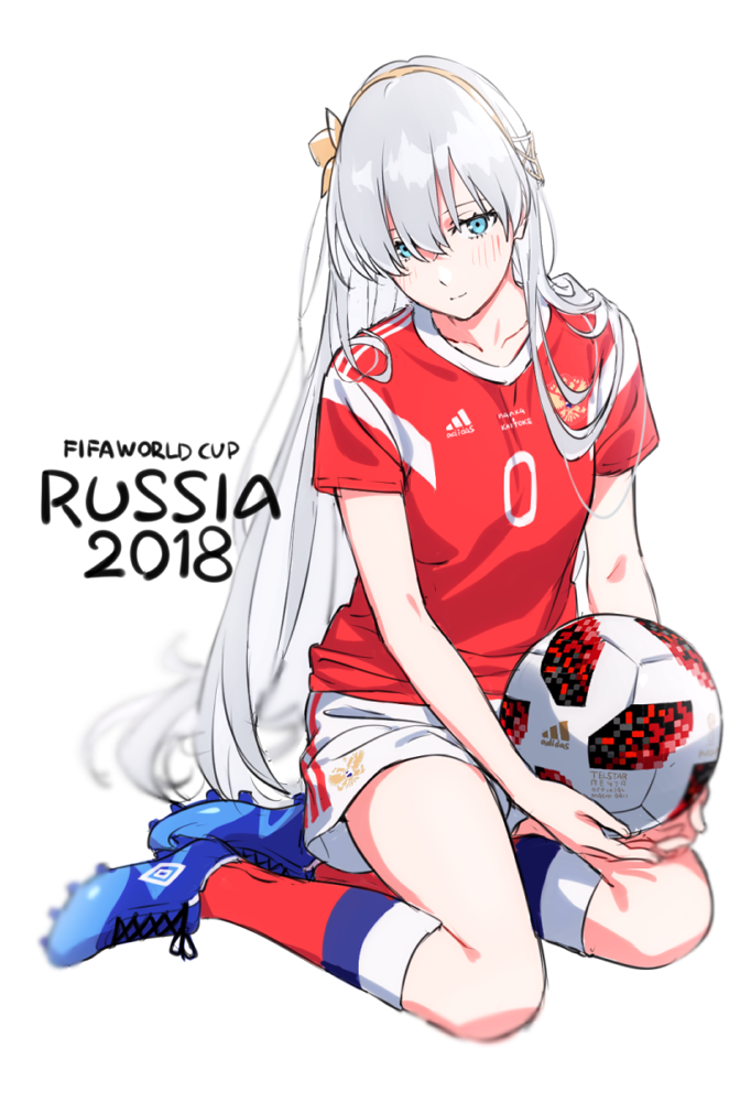 1girl 2018_fifa_world_cup anastasia_(fate/grand_order) blue_eyes blurry clothes_writing commentary_request depth_of_field fate/grand_order fate_(series) football_(object) football_uniform grey_hair hairband kinosuke_(sositeimanoga) kneeling long_hair looking_at_viewer original red_shirt russia shirt shoes shorts sneakers soccer soccer_uniform solo sportswear telstar_18 white_background world_cup