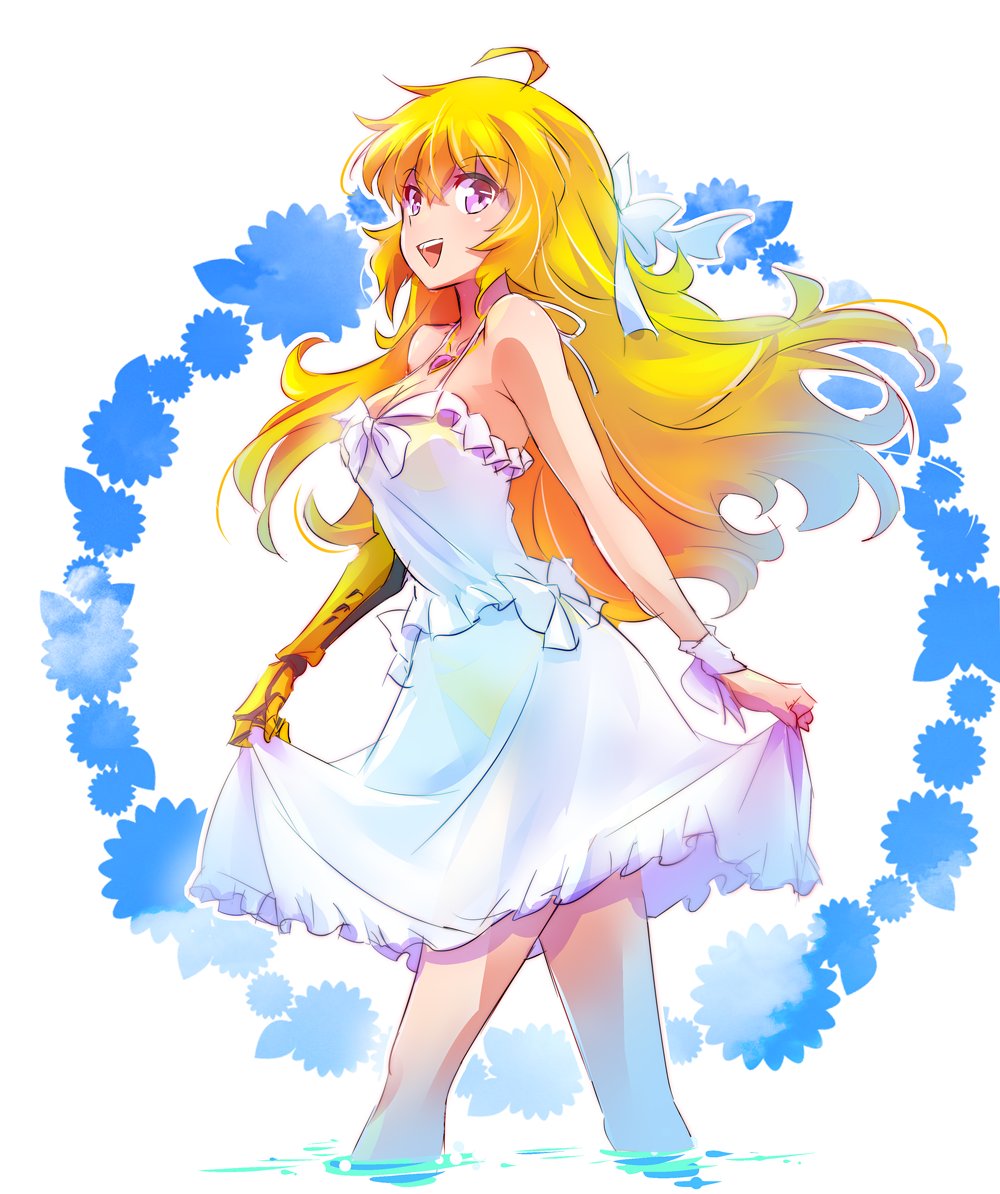 1girl ahoge blonde_hair breasts dress hair_ribbon iesupa large_breasts long_hair prosthesis prosthetic_arm ribbon rwby solo violet_eyes water wavy_hair white_dress yang_xiao_long