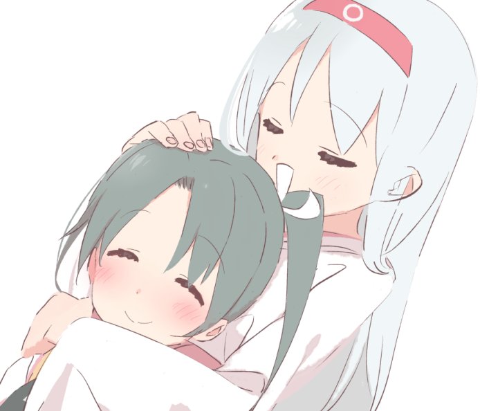 2girls blush closed_eyes commentary ears_visible_through_hair eyebrows_visible_through_hair green_hair hairband hand_on_another's_head kantai_collection long_hair multiple_girls petting shoukaku_(kantai_collection) simple_background smile twintails upper_body white_background white_hair yoru_nai zuikaku_(kantai_collection)