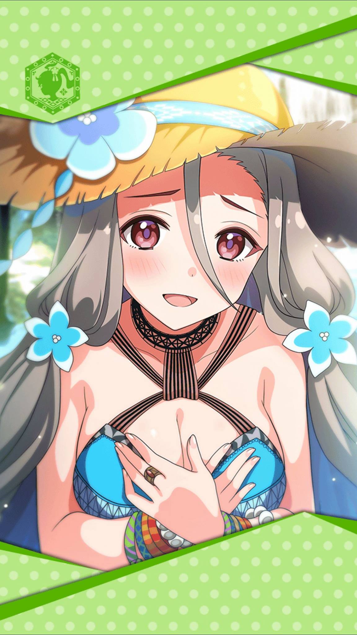 1girl aqua_swimsuit artist_request bead_bracelet beads blush bracelet breasts cleavage flower framed_image hair_between_eyes hair_flower hair_ornament hands_on_own_chest hat highres jewelry large_breasts long_hair official_art open_mouth phantom_of_the_kill red_eyes rhongomyniad_(phantom_of_the_kill) ring silver_hair smile sun_hat swimsuit