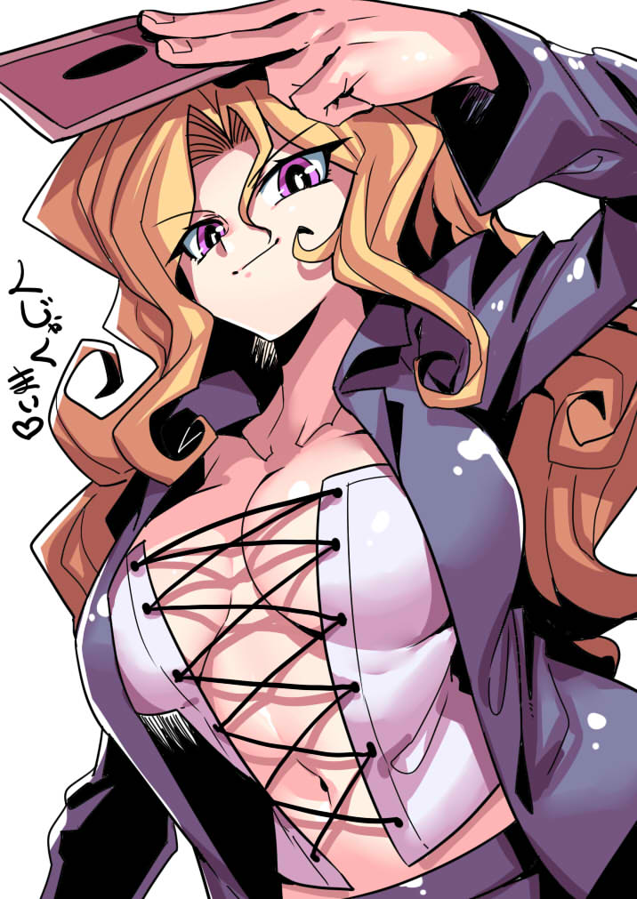 1girl arm_up blonde_hair breasts card coat corset heart kujaku_mai large_breasts long_sleeves navel smile solo text_focus translated tsuki_wani upper_body violet_eyes yu-gi-oh! yuu-gi-ou yuu-gi-ou_duel_monsters