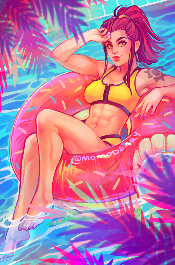 1girl abs barefoot breasts brigitte_(overwatch) brown_eyes brown_hair floating full_body innertube lips long_hair looking_at_viewer medium_breasts momo-deary navel overwatch ponytail shoulder_tattoo solo stomach swimsuit tankini tattoo thick_eyebrows toes toned twitter_username vaporwave water yellow_swimsuit zipper