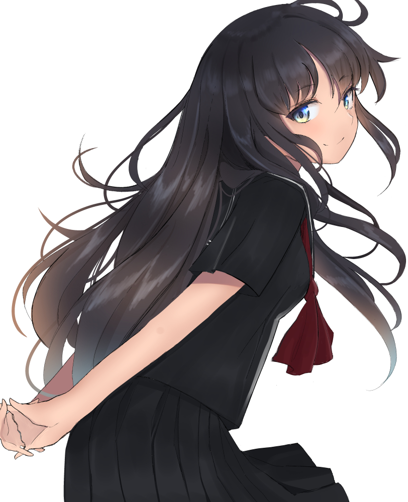 1girl arms_behind_back bangs black_hair black_sailor_collar black_serafuku black_shirt black_skirt blue_eyes blush brown_hair closed_mouth commentary_request eyebrows_visible_through_hair hair_between_eyes hinomaru_(futagun) interlocked_fingers leaning_forward long_hair looking_at_viewer looking_to_the_side original pleated_skirt red_neckwear sailor_collar school_uniform serafuku shirt short_sleeves simple_background skirt smile solo very_long_hair white_background