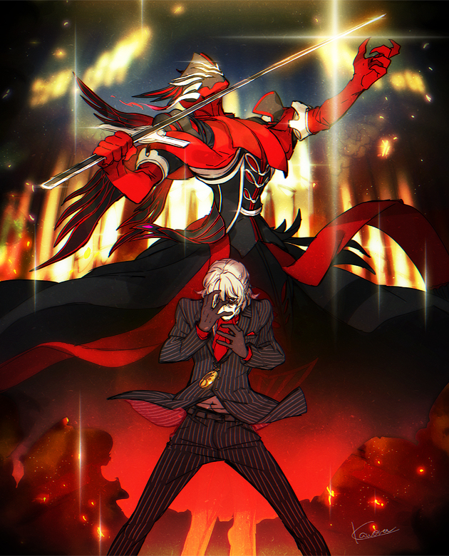 1boy antonio_salieri_(fate/grand_order) black_gloves cravat cropped_legs dual_persona fate/grand_order fate_(series) formal gloves holding holding_sword holding_weapon kaworu_(kaw_lov) looking_at_viewer male_focus mask pants pinstripe_pattern red_gloves red_neckwear signature striped suit sword weapon white_hair
