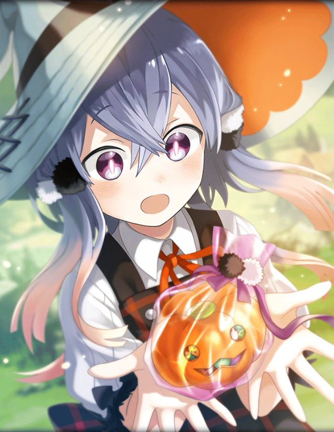 1girl artist_request colored_tips costume hair_ornament hat holding_object official_art open_mouth overall_dress phantom_of_the_kill pumpkin ribbon shu_(phantom_of_the_kill) silver_hair witch witch_hat