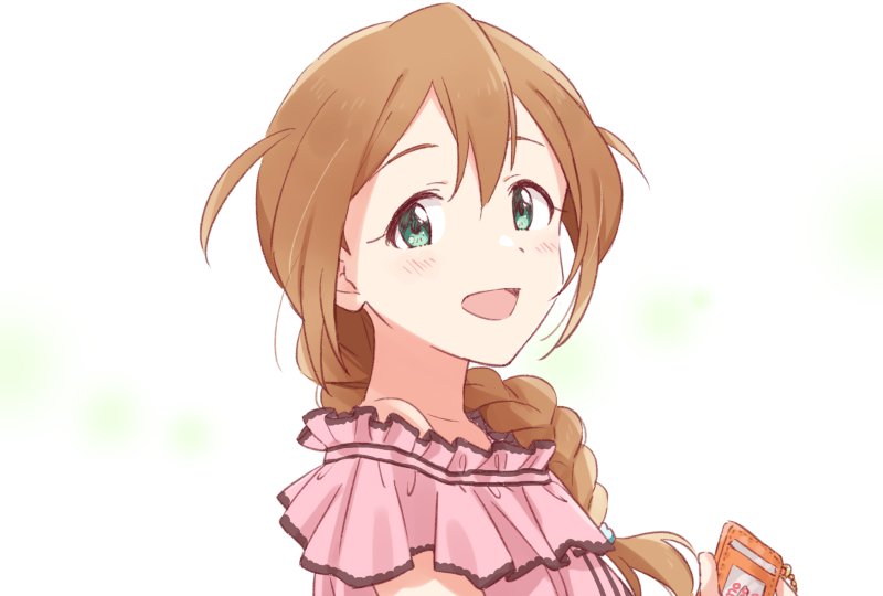 1girl :d baba_konomi braid brown_hair demirinz frills green_eyes idolmaster idolmaster_million_live! long_hair looking_at_viewer open_mouth single_braid smile solo upper_body