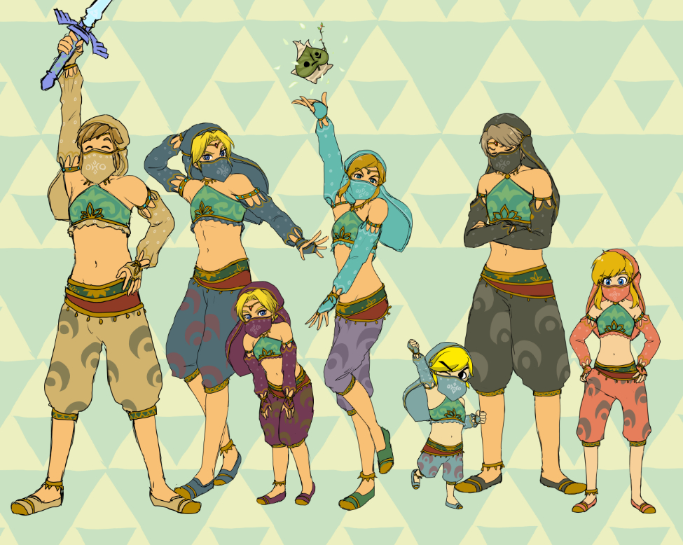 6+boys bangs bare_shoulders blonde_hair brown_hair closed_eyes crossed_arms detached_sleeves face_mask gerudo_link grey_hair hands_on_hips korok link mask master_sword midriff multiple_boys multiple_persona navel parted_bangs pose shorts smile strapless the_legend_of_zelda the_legend_of_zelda:_a_link_between_worlds the_legend_of_zelda:_breath_of_the_wild the_legend_of_zelda:_ocarina_of_time the_legend_of_zelda:_skyward_sword the_legend_of_zelda:_the_wind_waker the_legend_of_zelda:_twilight_princess toon_link triforce tubetop usushira veil young_link