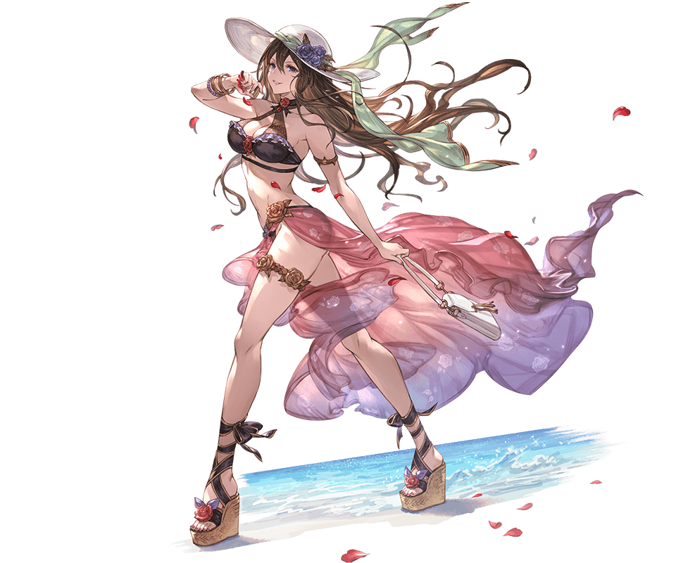 1girl armlet bag bangs bare_shoulders bikini bracelet breasts brown_hair cleavage floral_print full_body granblue_fantasy halterneck handbag hat holding jewelry large_breasts lips long_hair looking_at_viewer minaba_hideo nail_polish official_art parted_lips petals platform_footwear purple_bikini rosetta_(granblue_fantasy) sandals sarong see-through shiny smile solo standing sun_hat swimsuit thigh_strap transparent_background very_long_hair violet_eyes water