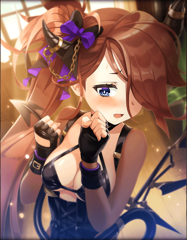 1girl alternate_costume artist_request blue_eyes blush bow breasts brown_hair cleavage clenched_hands demon_tail fingerless_gloves gloves hair_ornament hair_over_one_eye horn horn_ornament long_hair medium_breasts official_art one_eye_covered open_mouth paracelsus_(phantom_of_the_kill) phantom_of_the_kill ponytail tail wing_ornament