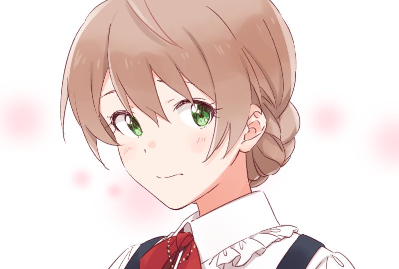 1girl ahoge blouse blush braided_bun brown_hair demirinz frills green_eyes idolmaster idolmaster_million_live! idolmaster_million_live!_theater_days sakuramori_kaori upper_body wavy_mouth